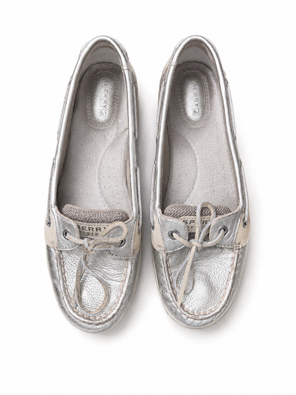 Sperry Metallic Silver and Beige Women's Boat Moccasins